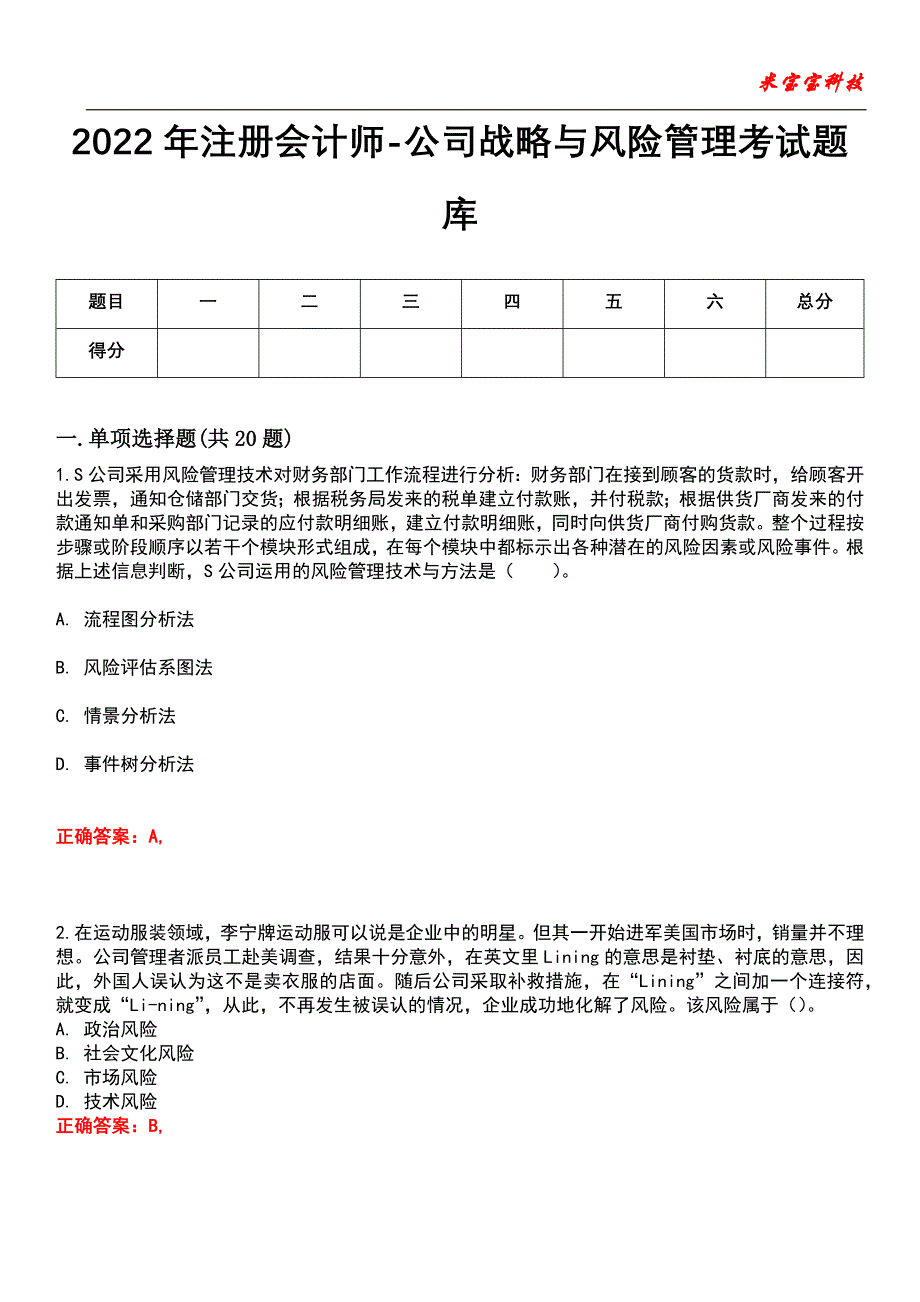 2022年注册会计师-公司战略与风险管理考试题库7_第1页