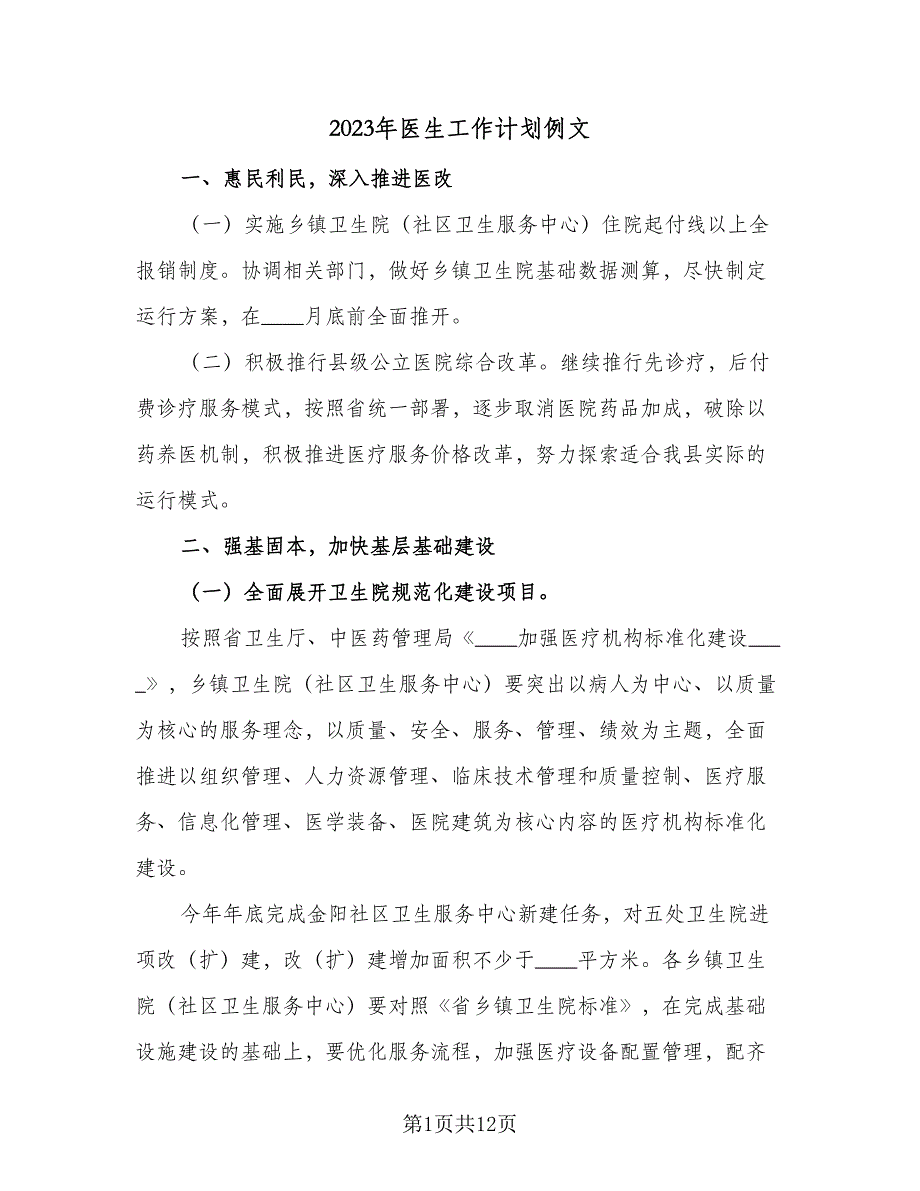 2023年医生工作计划例文（四篇）_第1页