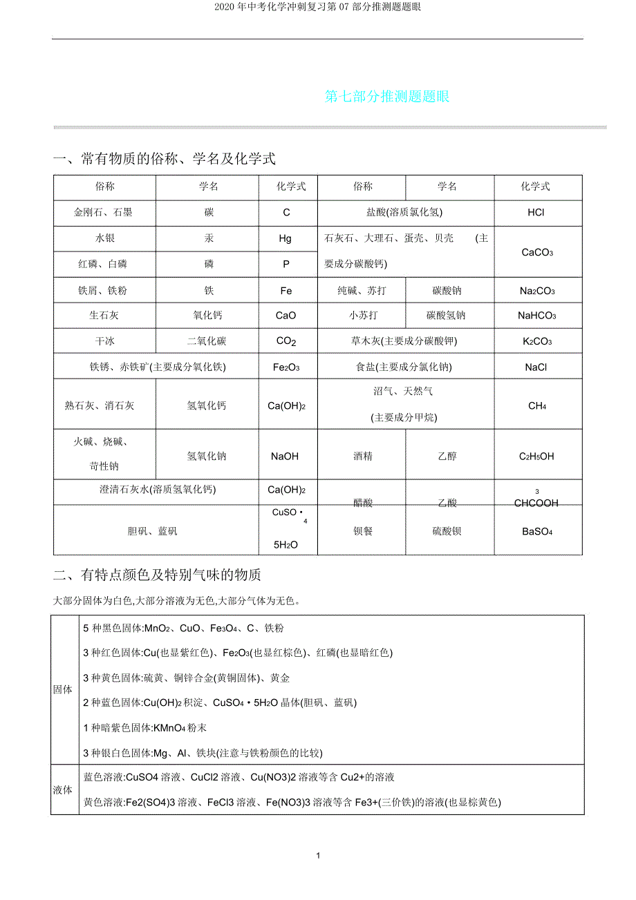 2020年中考化学冲刺复习第07部分推断题题眼.doc_第1页