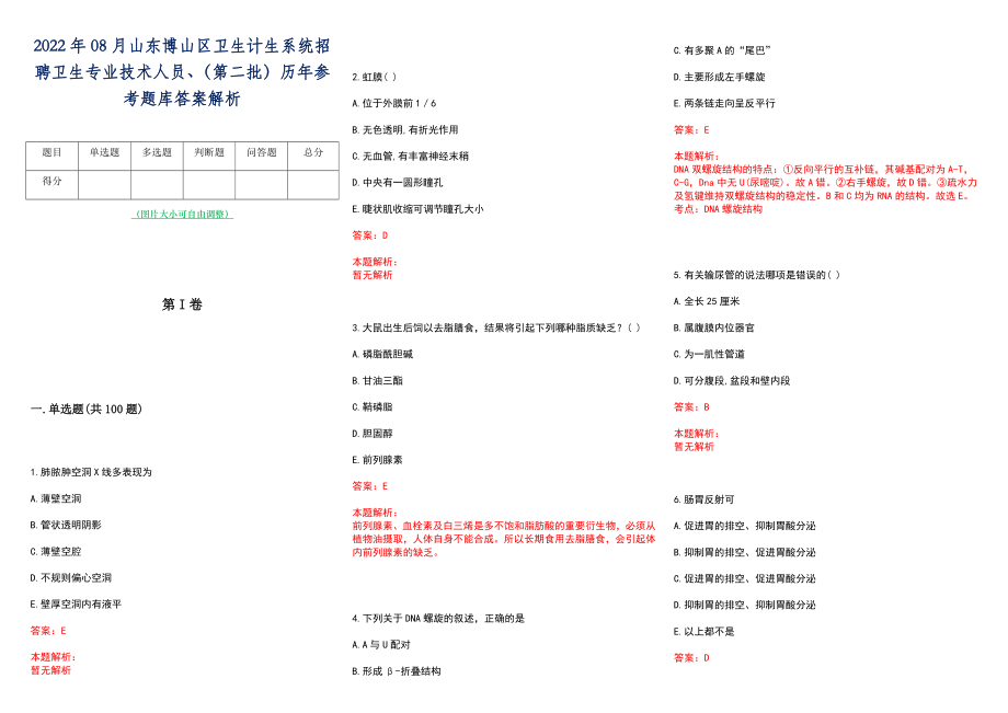 2022年08月山东博山区卫生计生系统招聘卫生专业技术人员、（第二批）历年参考题库答案解析_第1页