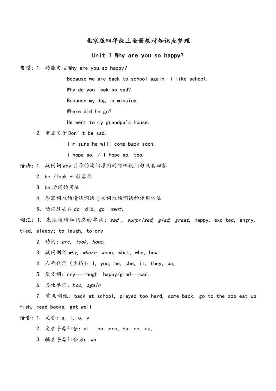 北京版四年级上英语(全册)教材知识点整理_第1页