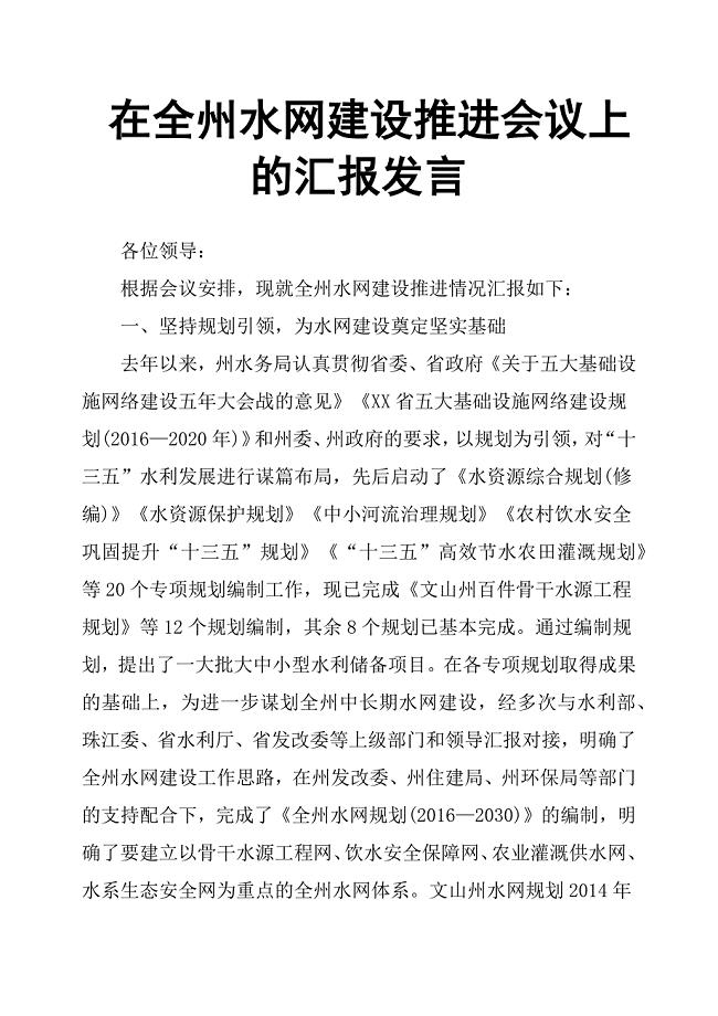 在全州水网建设推进会议上的汇报发言.docx