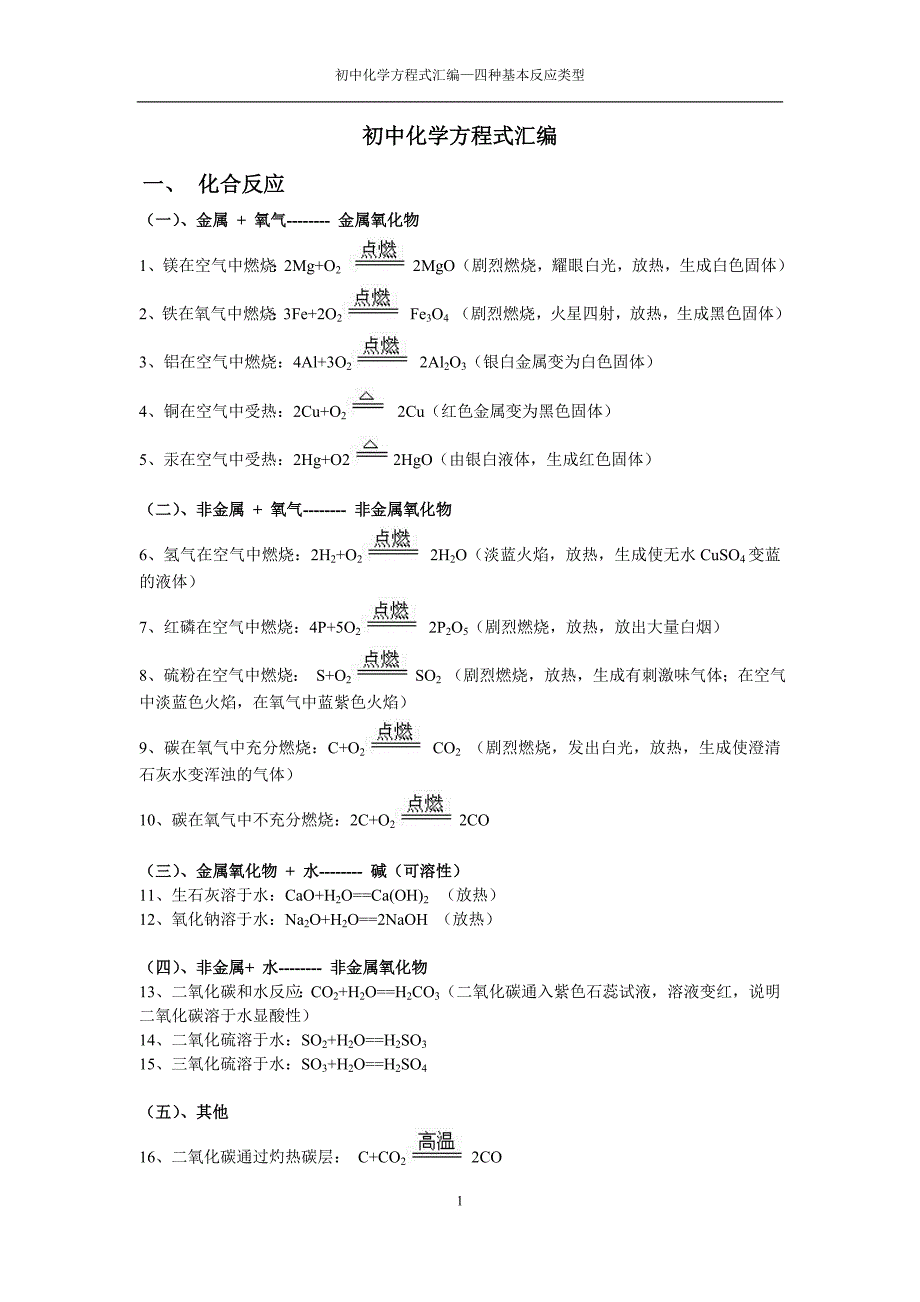 初中化学方程式汇总四种基本反应类型_第1页