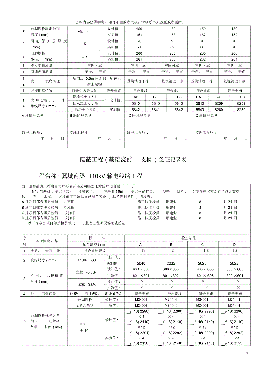 隐蔽工程基础浇前支模签证记录表及说明_第3页