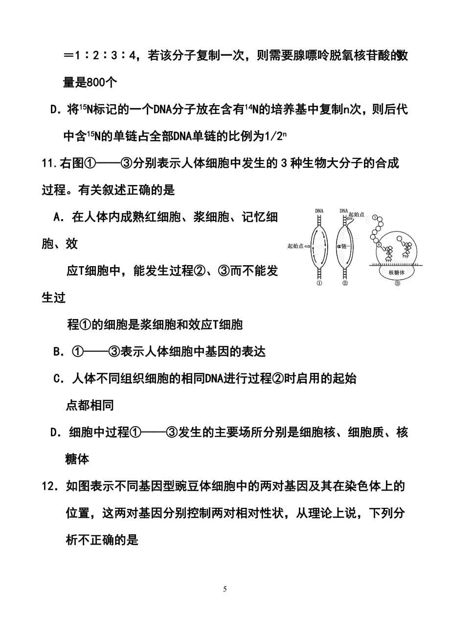 汉中市高三上学期教学质量检测试题生物试题及答案_第5页