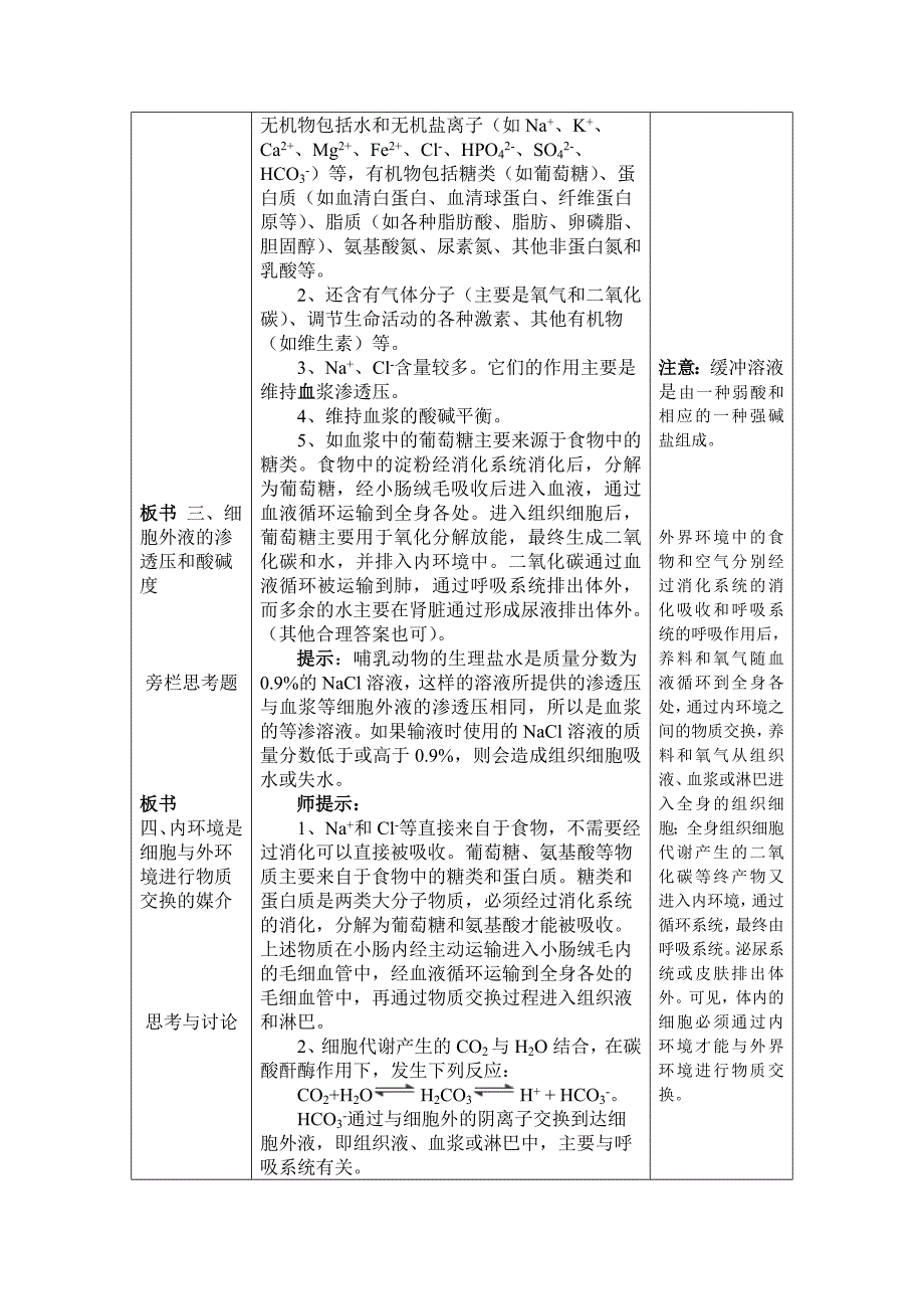 2012年附城中学高一生物教案：1.1《细胞生活的环境》（新人教版必修3）.doc_第3页