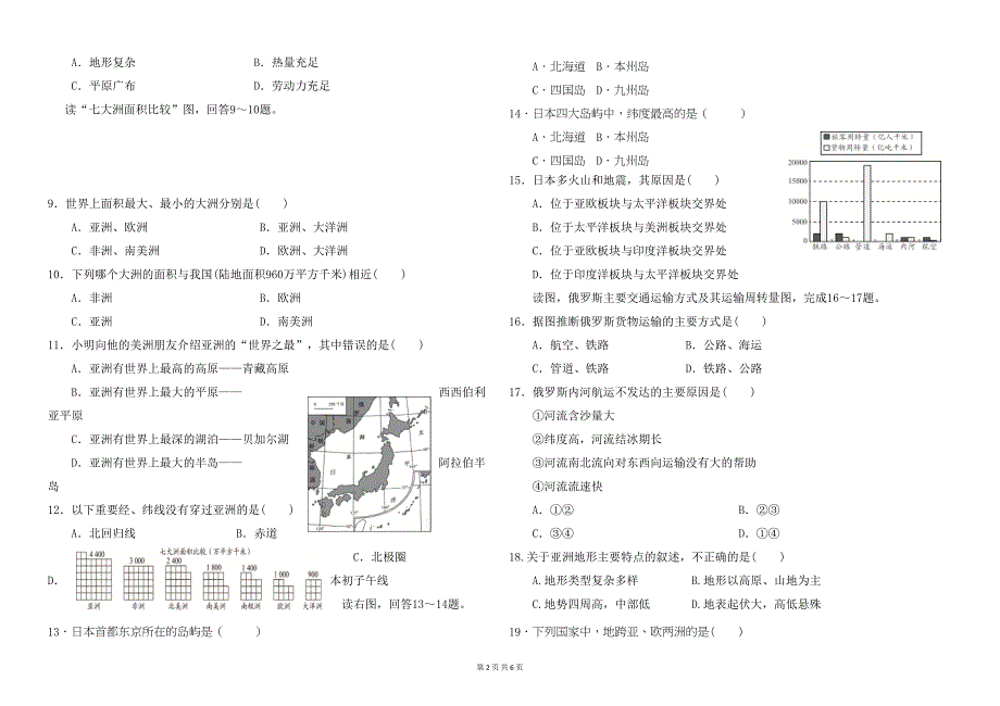 部编人教版七年级下册期中检测地理试卷及答案2(DOC 6页)_第2页