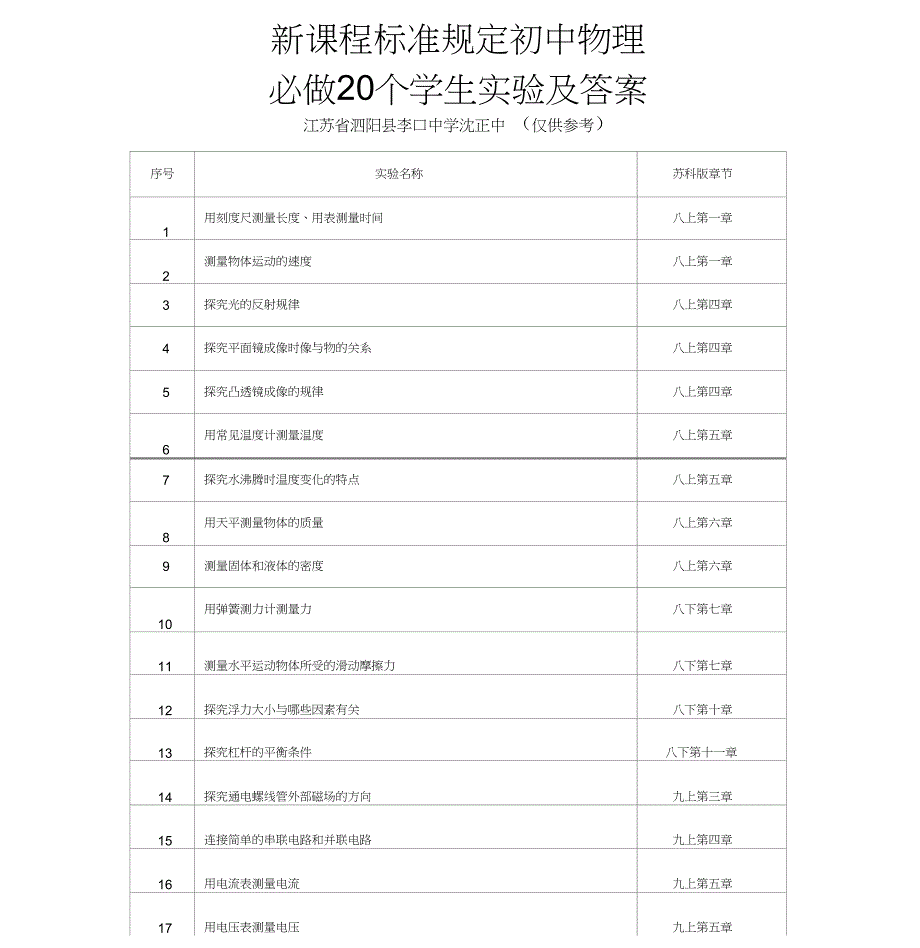 初中物理新课程标准必做20个学生实验及答案_第1页