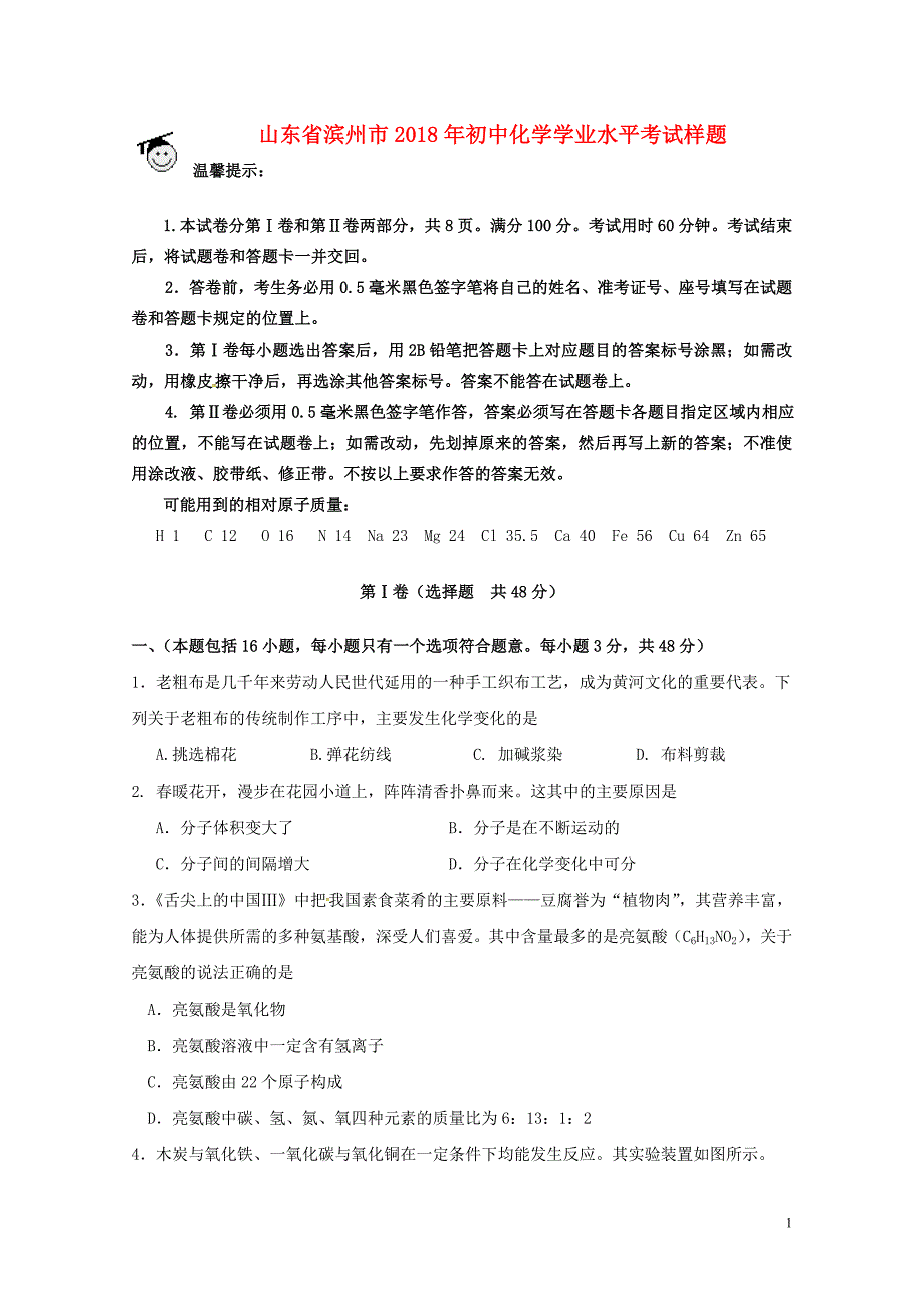 山东省滨州市初中化学学业水平考试样题042619_第1页