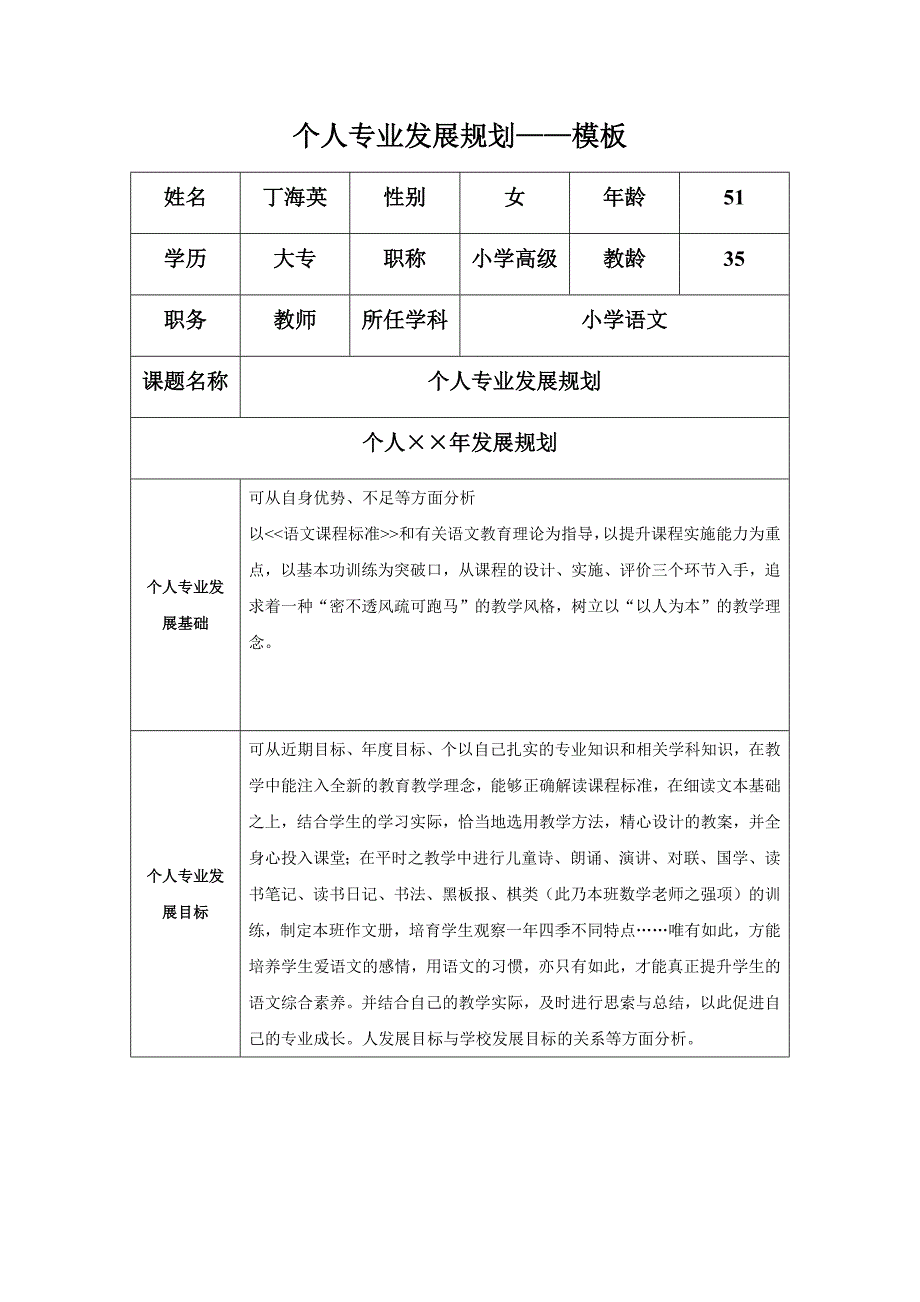 个人专业发展规划模板2.docx_第1页