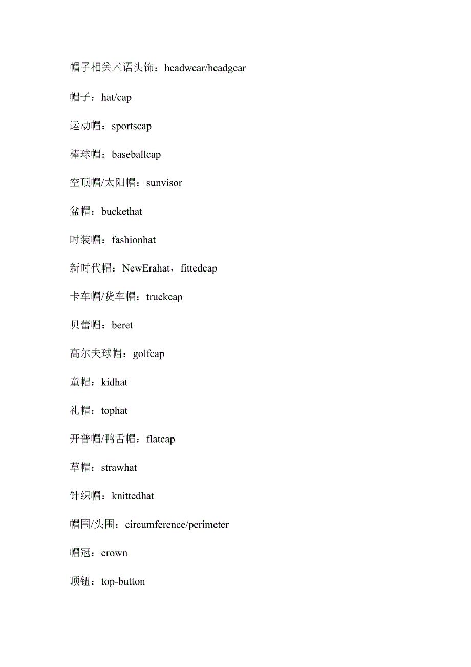 帽子术语中英文对照_第1页