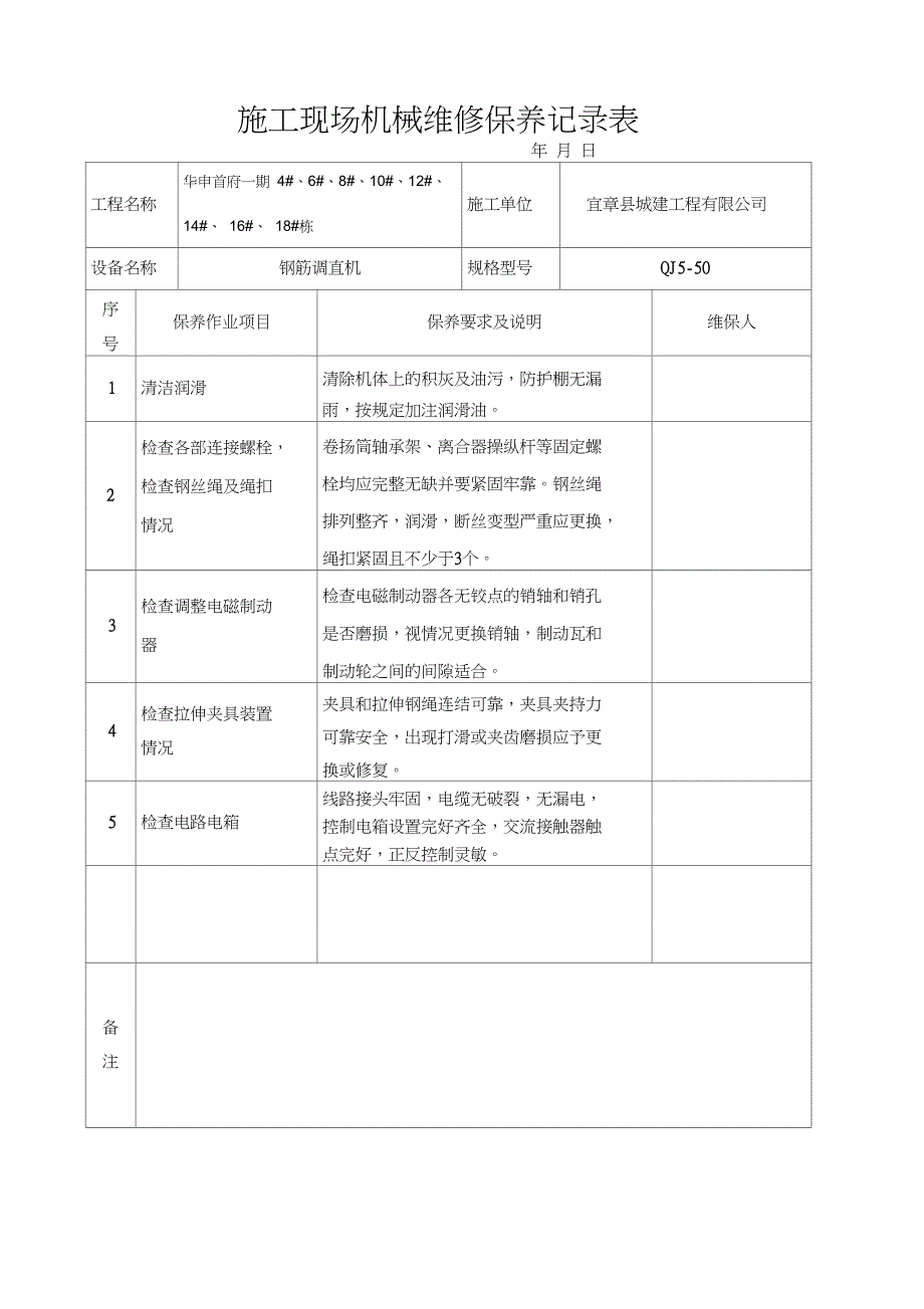 施工现场机械维修保养记录表剖析_第2页