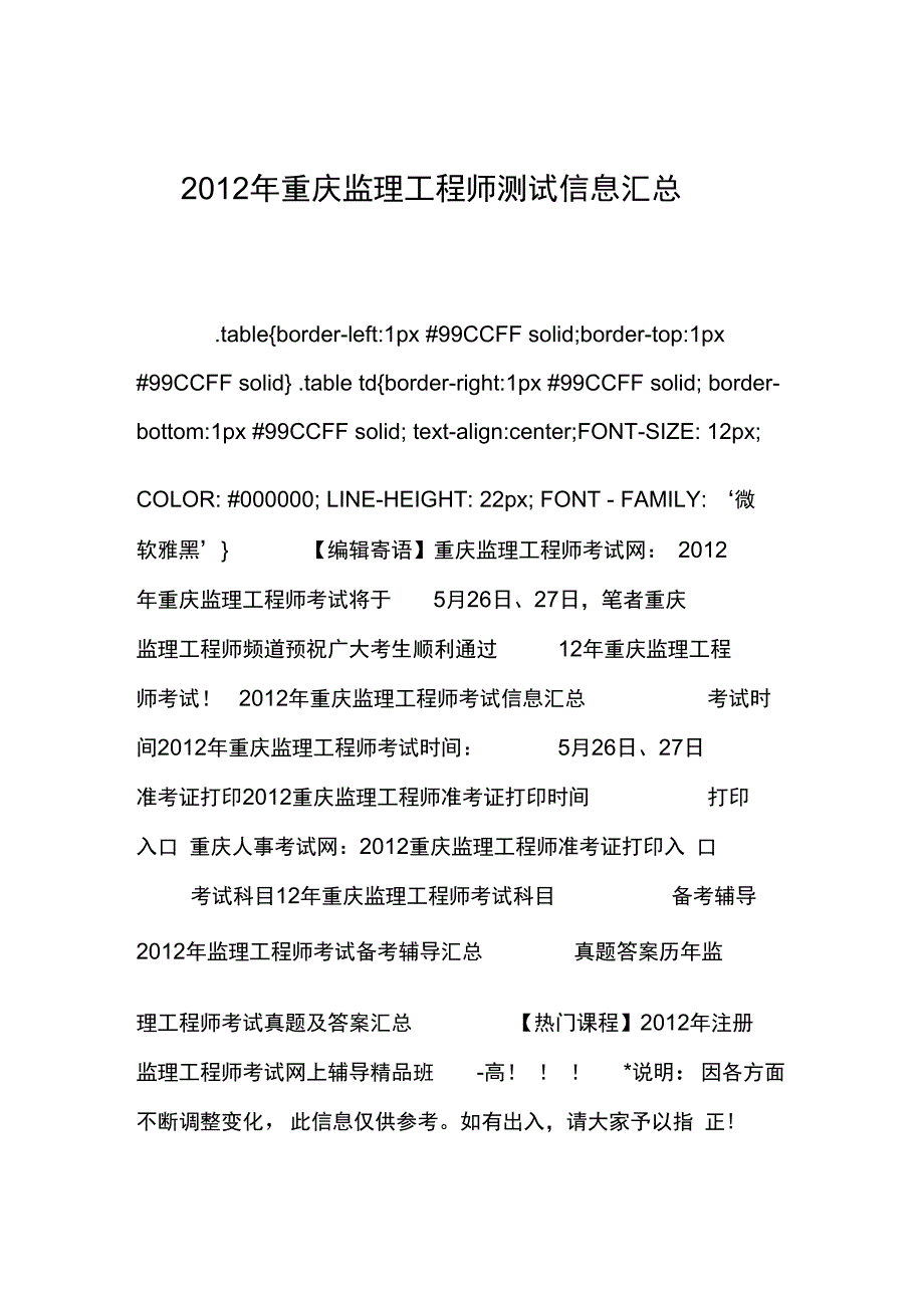 2012年重庆监理工程师测试信息汇总_第1页