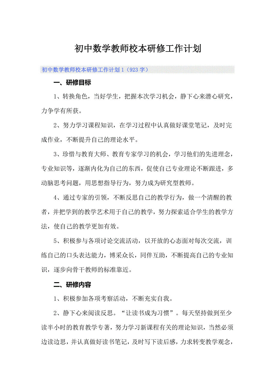 初中数学教师校本研修工作计划_第1页