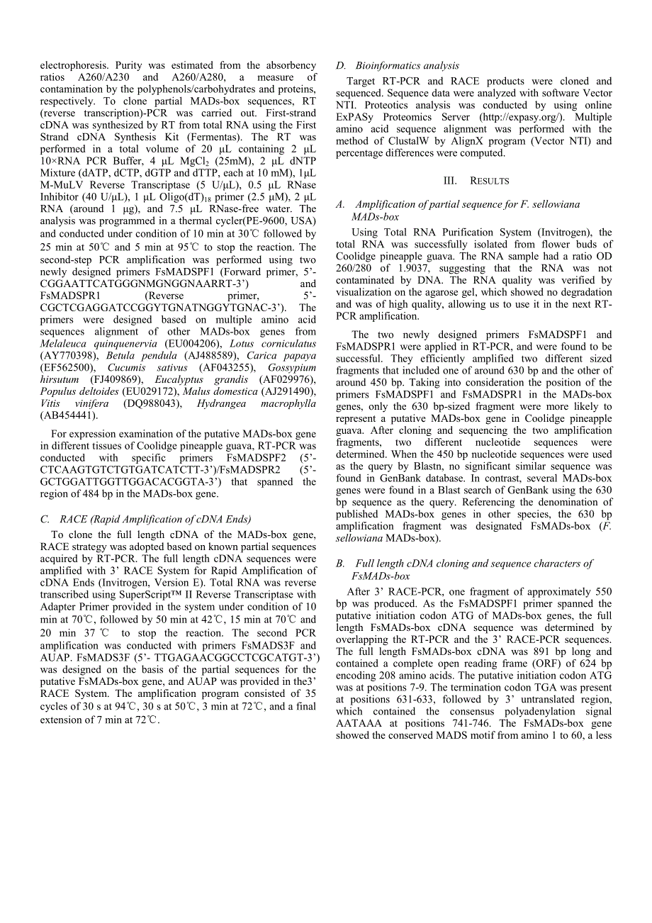 外文翻译--Cloning expression analysis and sequence characters of a MADs-box gene associated with floral development in pineapple guava Feijoa sellowiana Berg_第2页