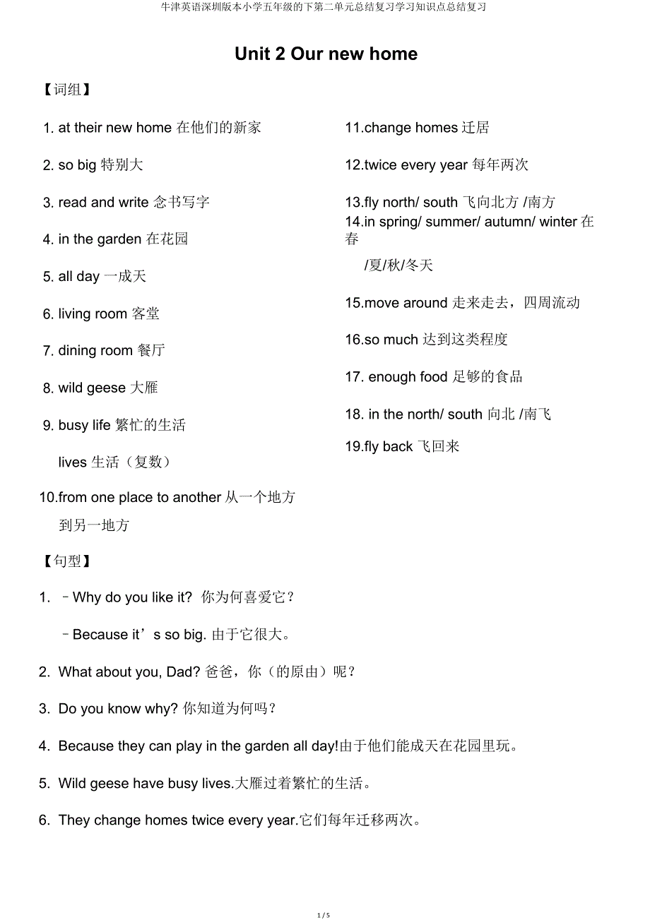 牛津英语深圳五年级下第二单元总结复习知识点总结复习.doc_第1页