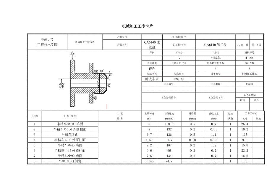 中州大学CA6140车床法兰盘工序卡Word_第5页