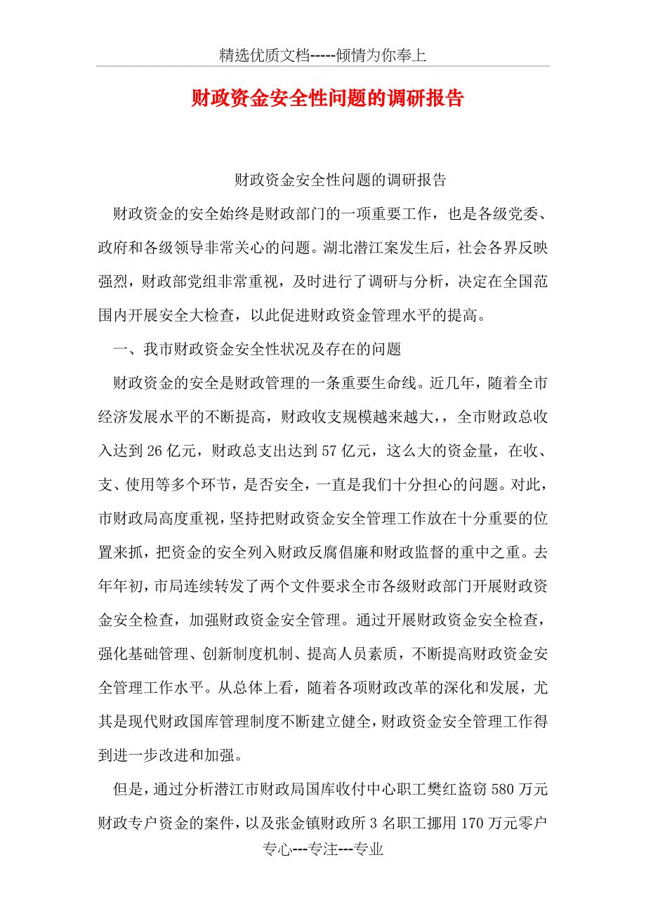 财政资金安全性问题的调研报告(共14页)_第1页