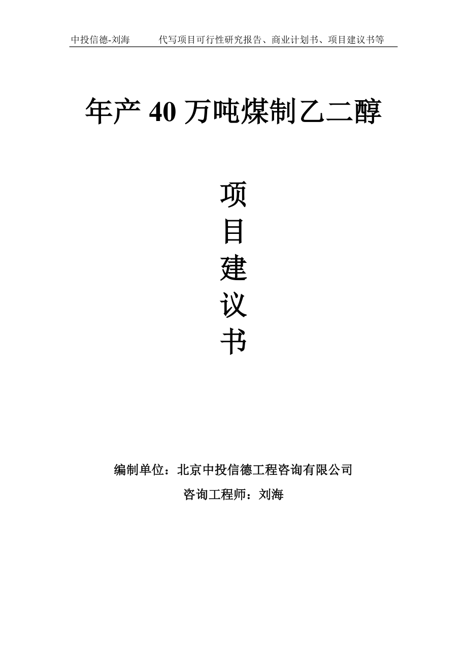 年产40万吨煤制乙二醇项目建议书-写作模板_第1页