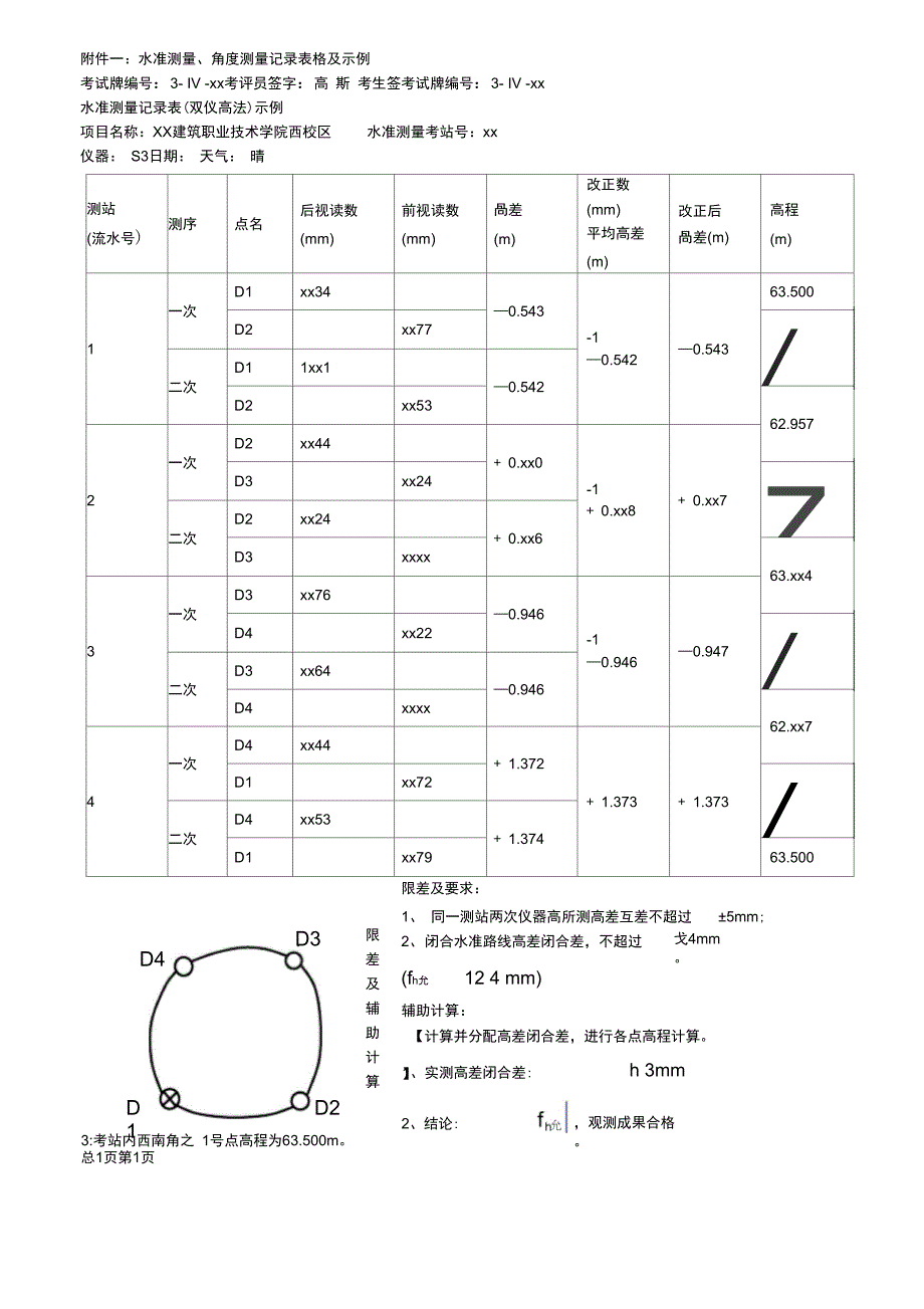 一水准测量角度测量记录表格及示例_第1页