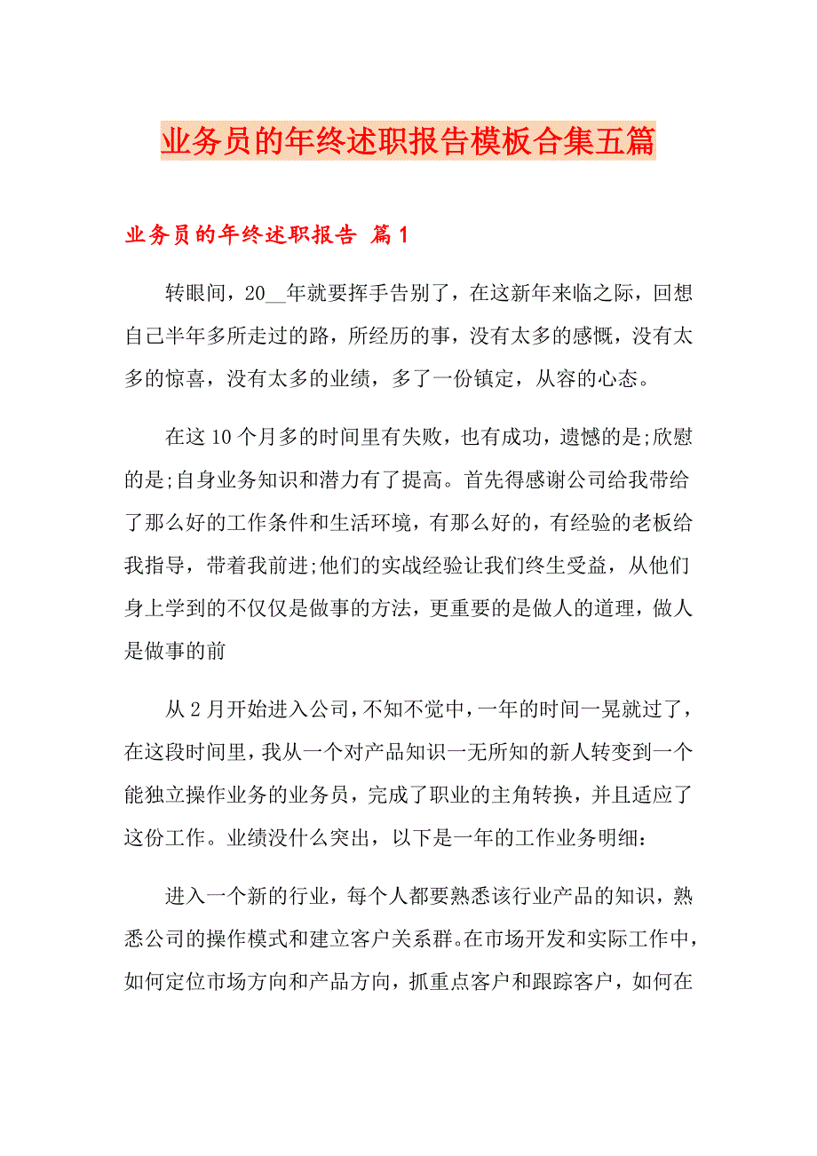 业务员的年终述职报告模板合集五篇_第1页