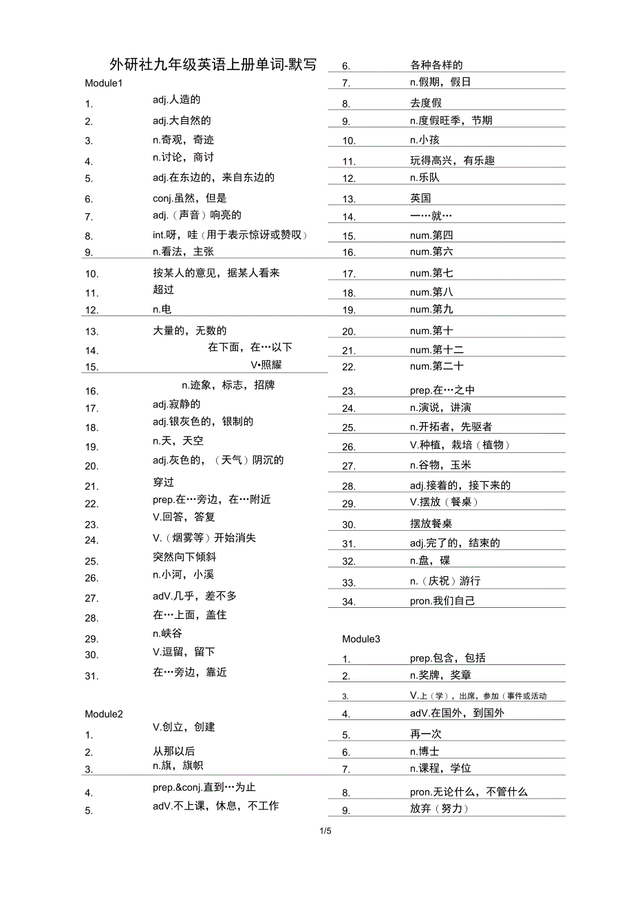 外研版初中英语九年级上册单词默写表_第1页