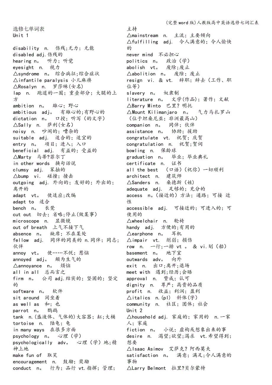 (完整word版)人教版高中英语选修七词汇表.doc_第1页