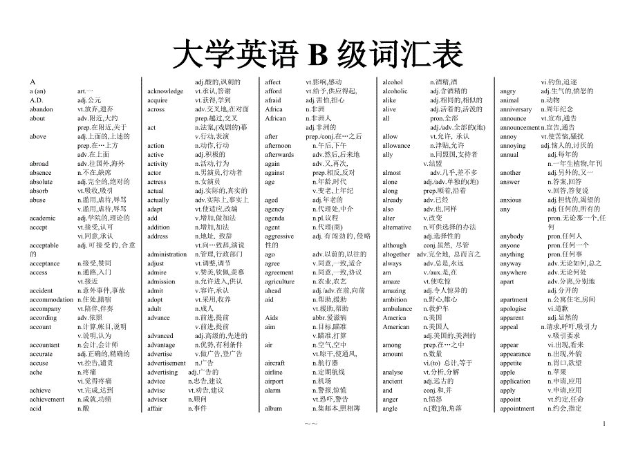 统考资料：《大学英语B》统考必备词汇表_第1页