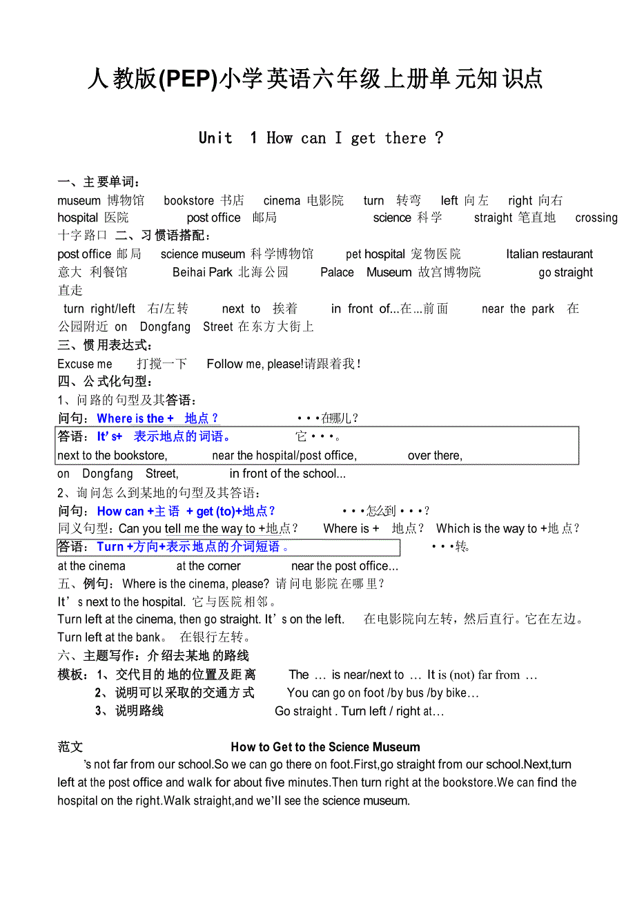 人教版(PEP)小学英语六年级上册单元知识点总结_第1页