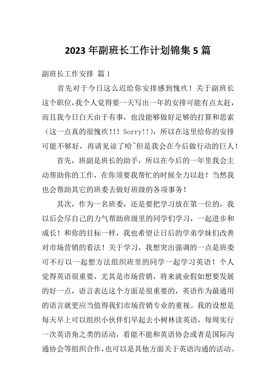 2023年副班长工作计划锦集5篇_第1页