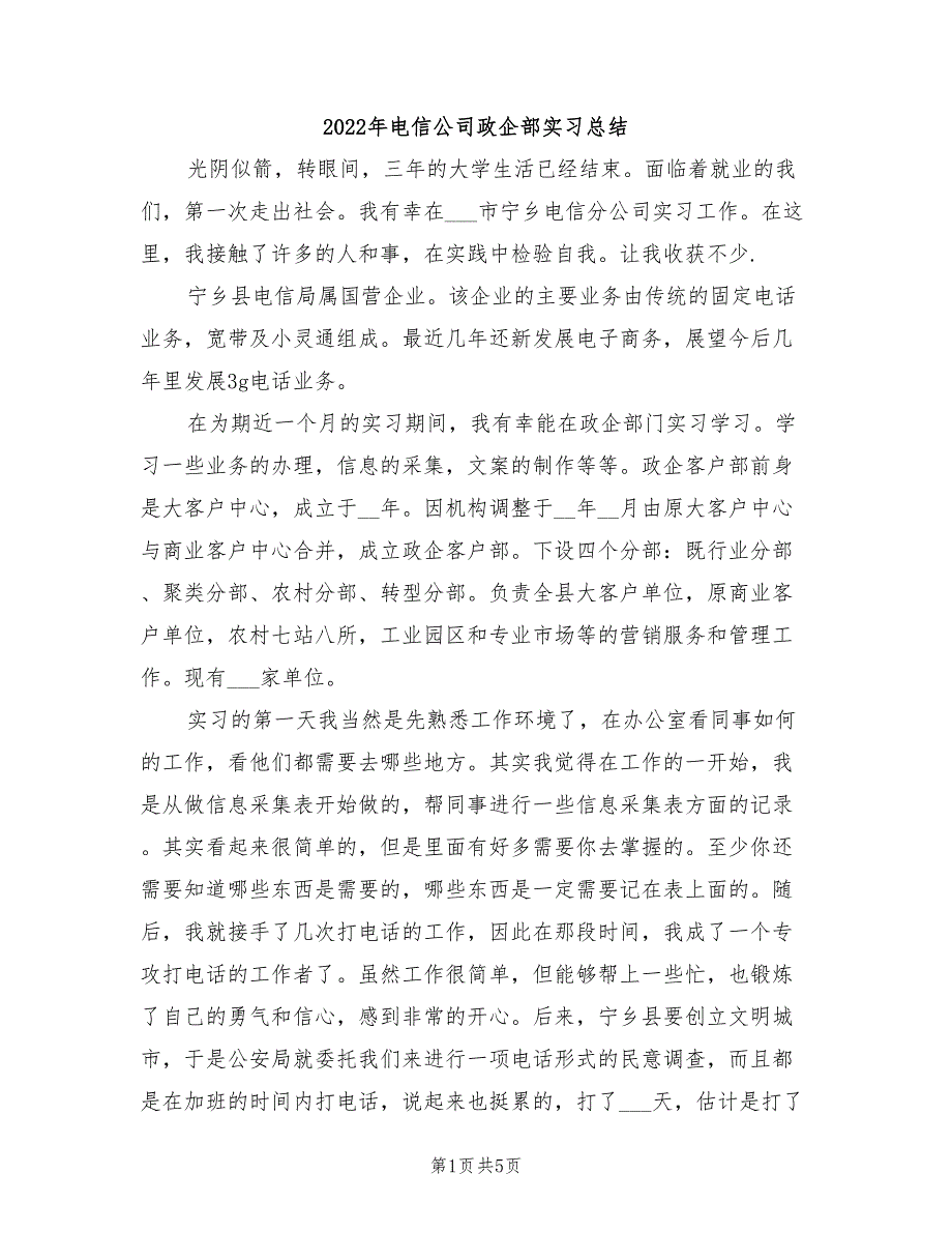 2022年电信公司政企部实习总结_第1页