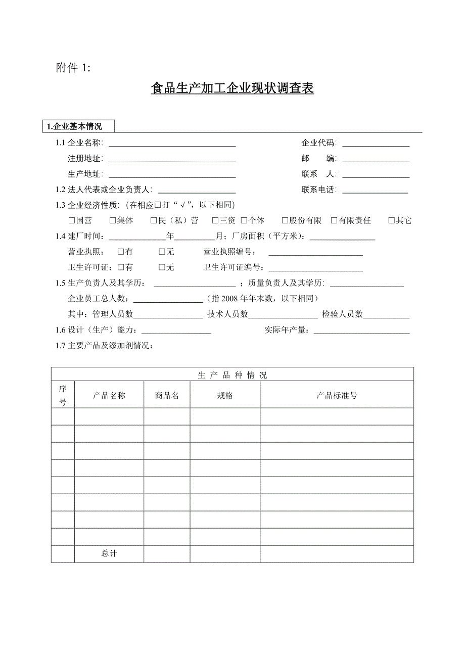 食品生产加工企业现状调查表.doc_第1页