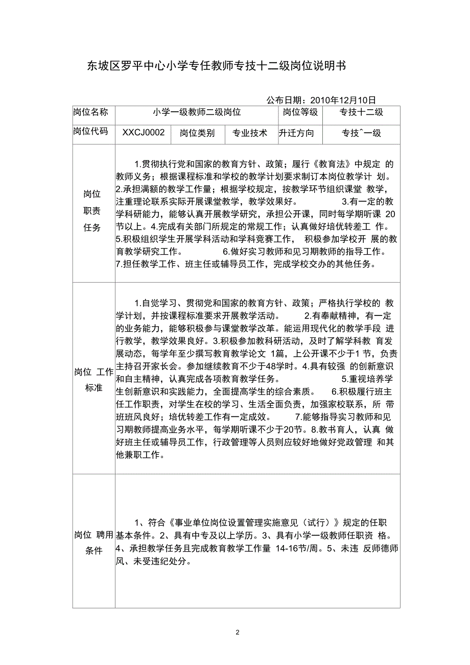 小学专任教师级岗位说明书_第2页