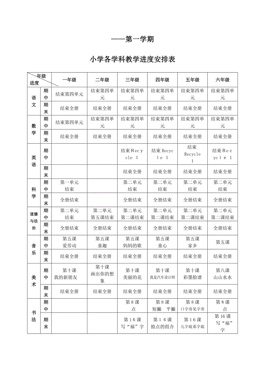 小学各学科教学进度安排表_第1页