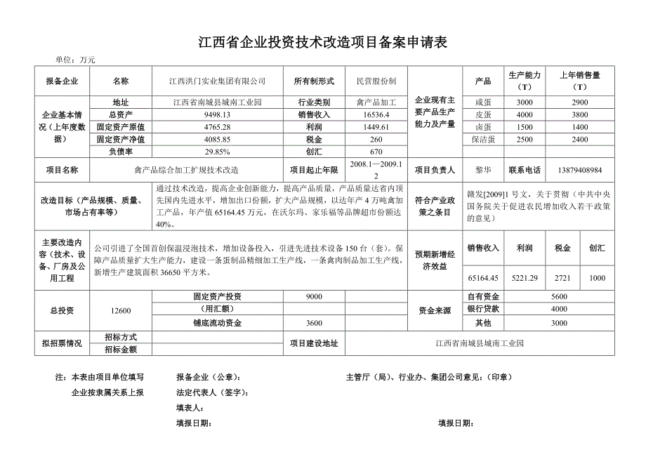 江西省企业投资技术改造项目备案申请表.doc_第1页