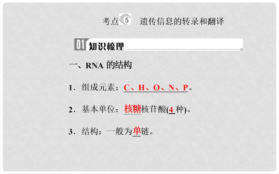 高中生物学业水平复习 专题七 遗传的分子基础 考点5 遗传信息的转录和翻译课件_第1页