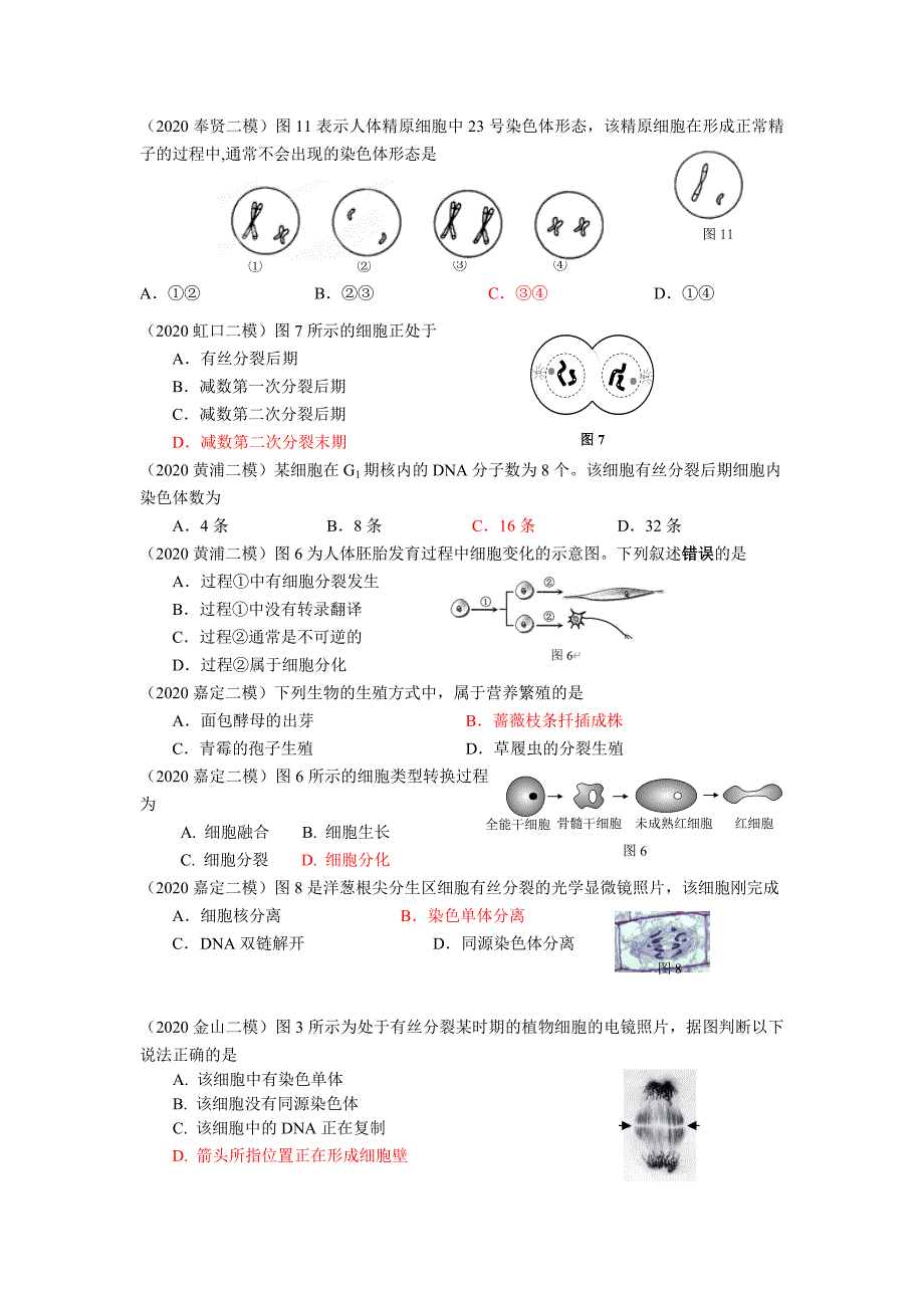 沪科版2020生命科学二模选择题分类汇编：细胞分裂分化_第2页