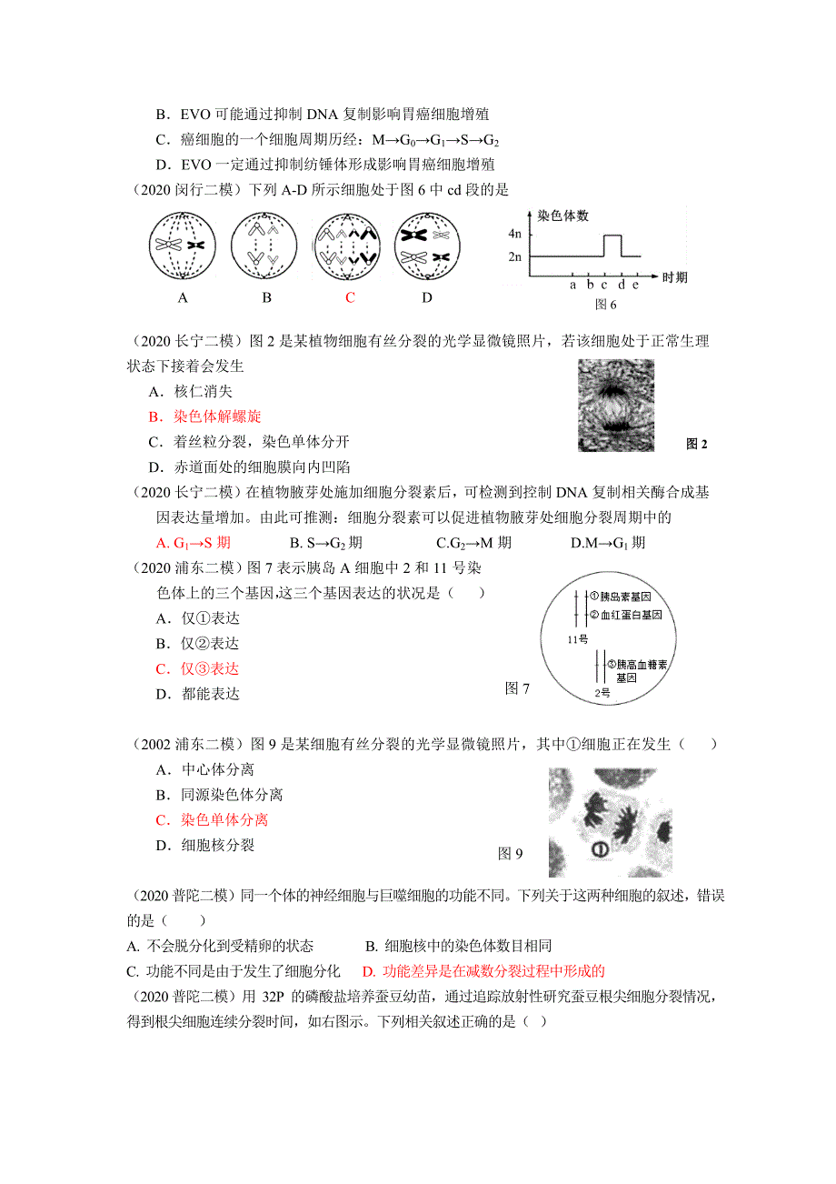 沪科版2020生命科学二模选择题分类汇编：细胞分裂分化_第4页