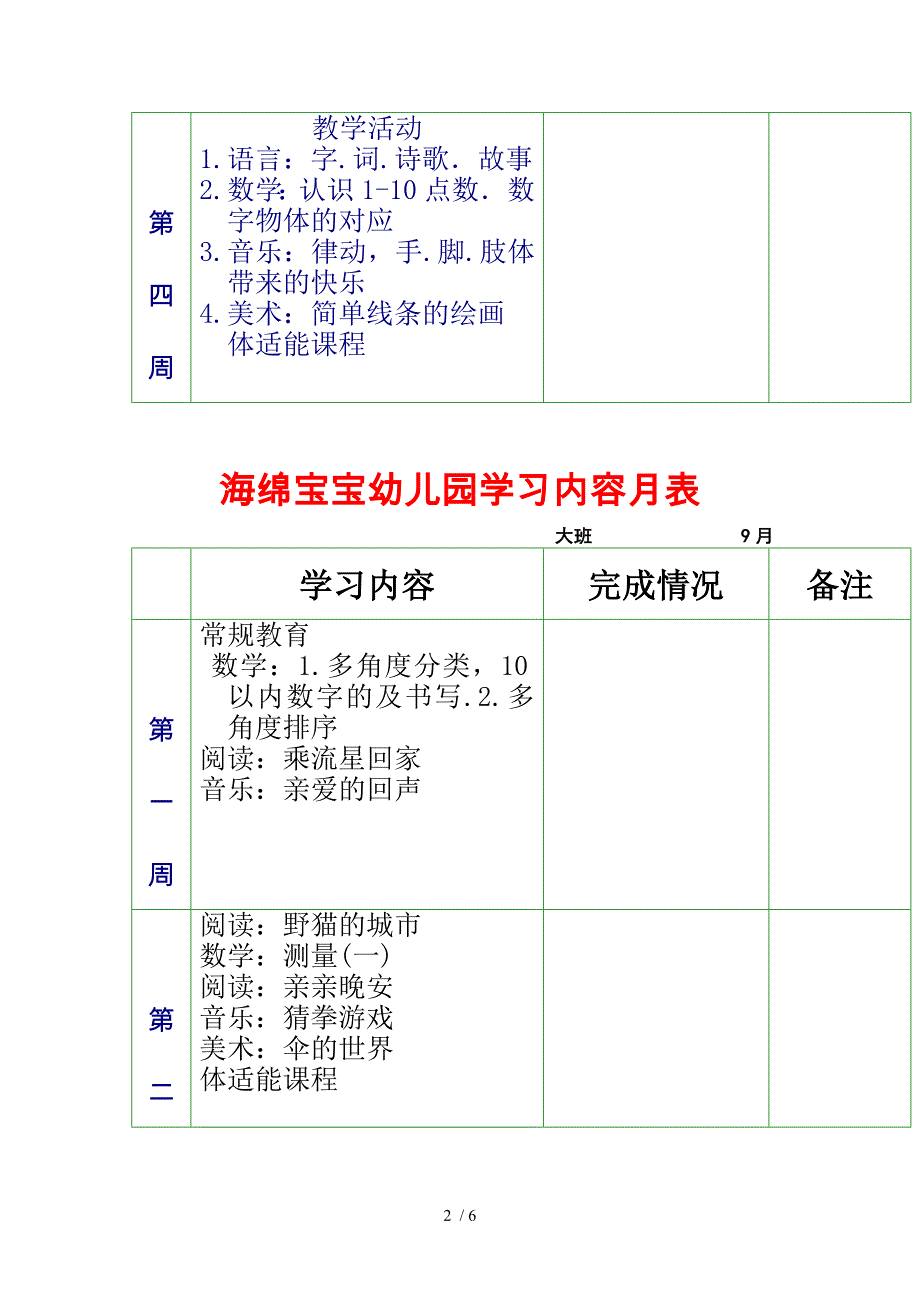 幼儿园学习内容月表_第2页