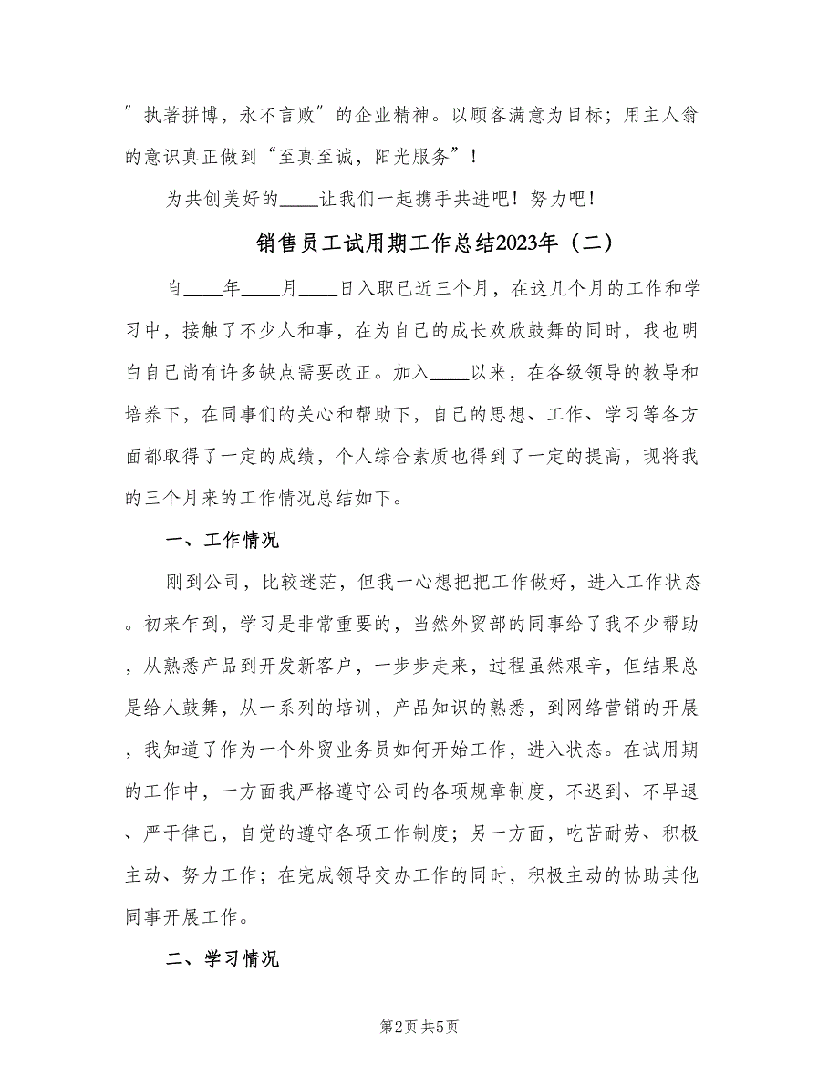 销售员工试用期工作总结2023年（2篇）.doc_第2页