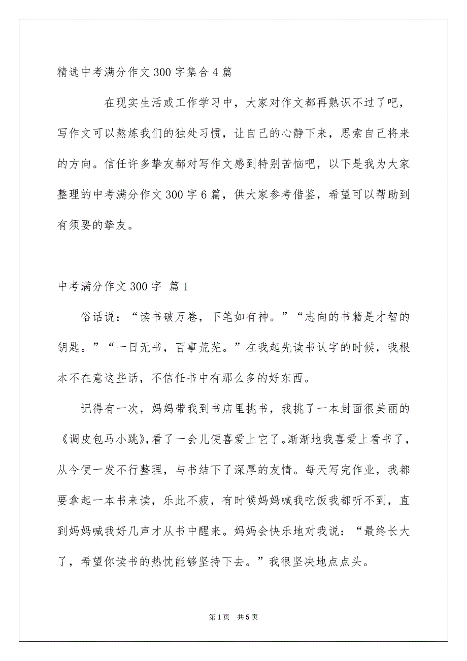 精选中考满分作文300字集合4篇_第1页