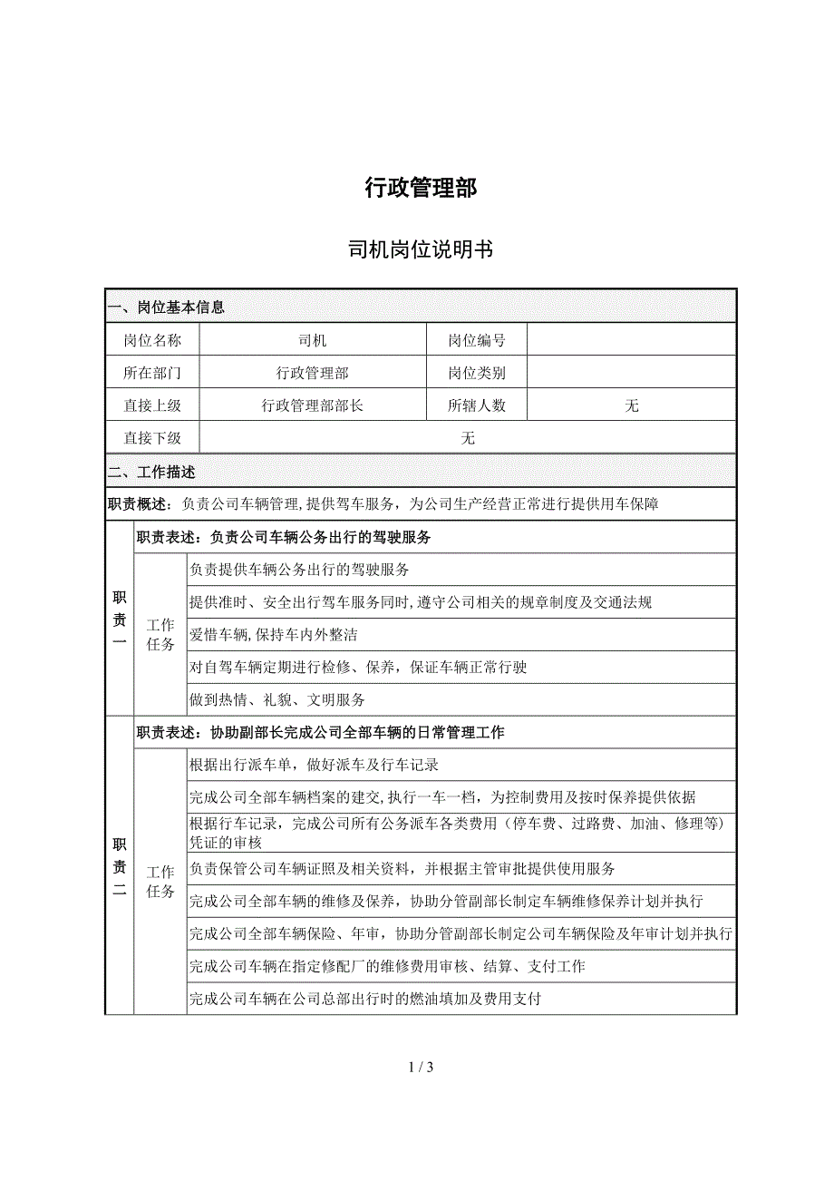 行政管理部-司机岗位职责说明书_第1页