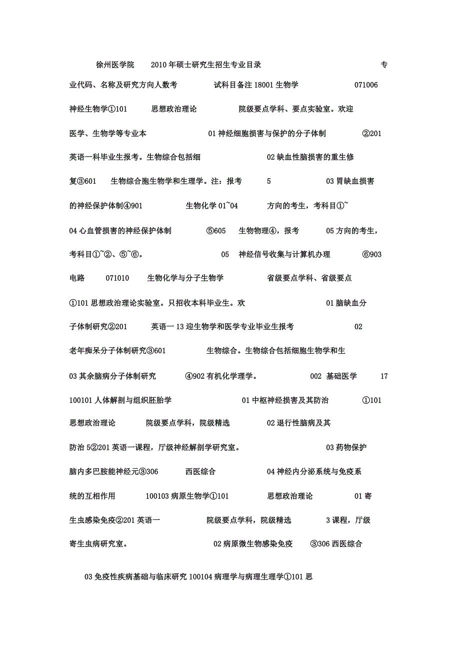 徐州医学院硕士研究生招生专业目录.docx_第1页