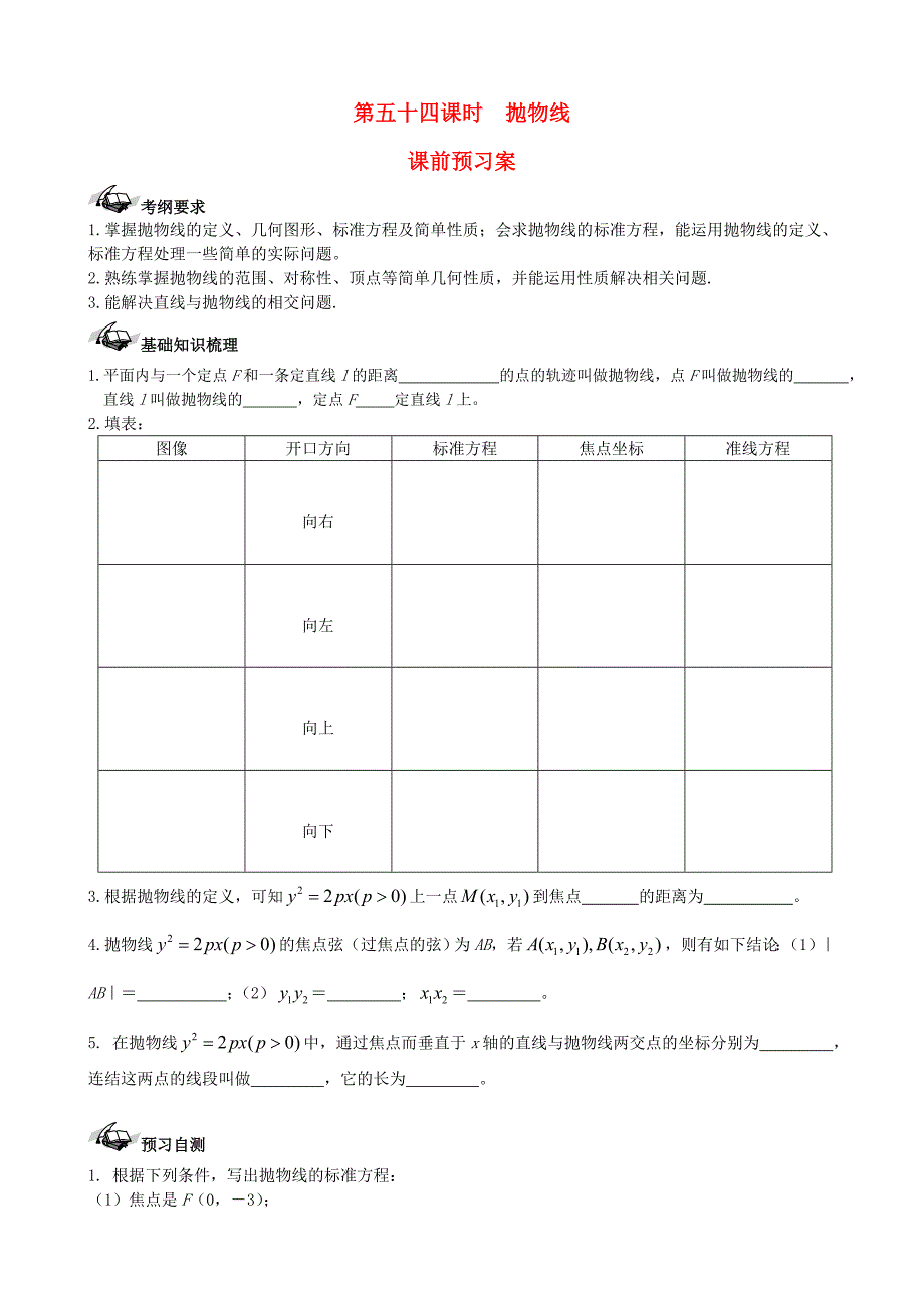 【导与练】新课标高三数学一轮复习 第8篇 抛物线学案 理_第1页