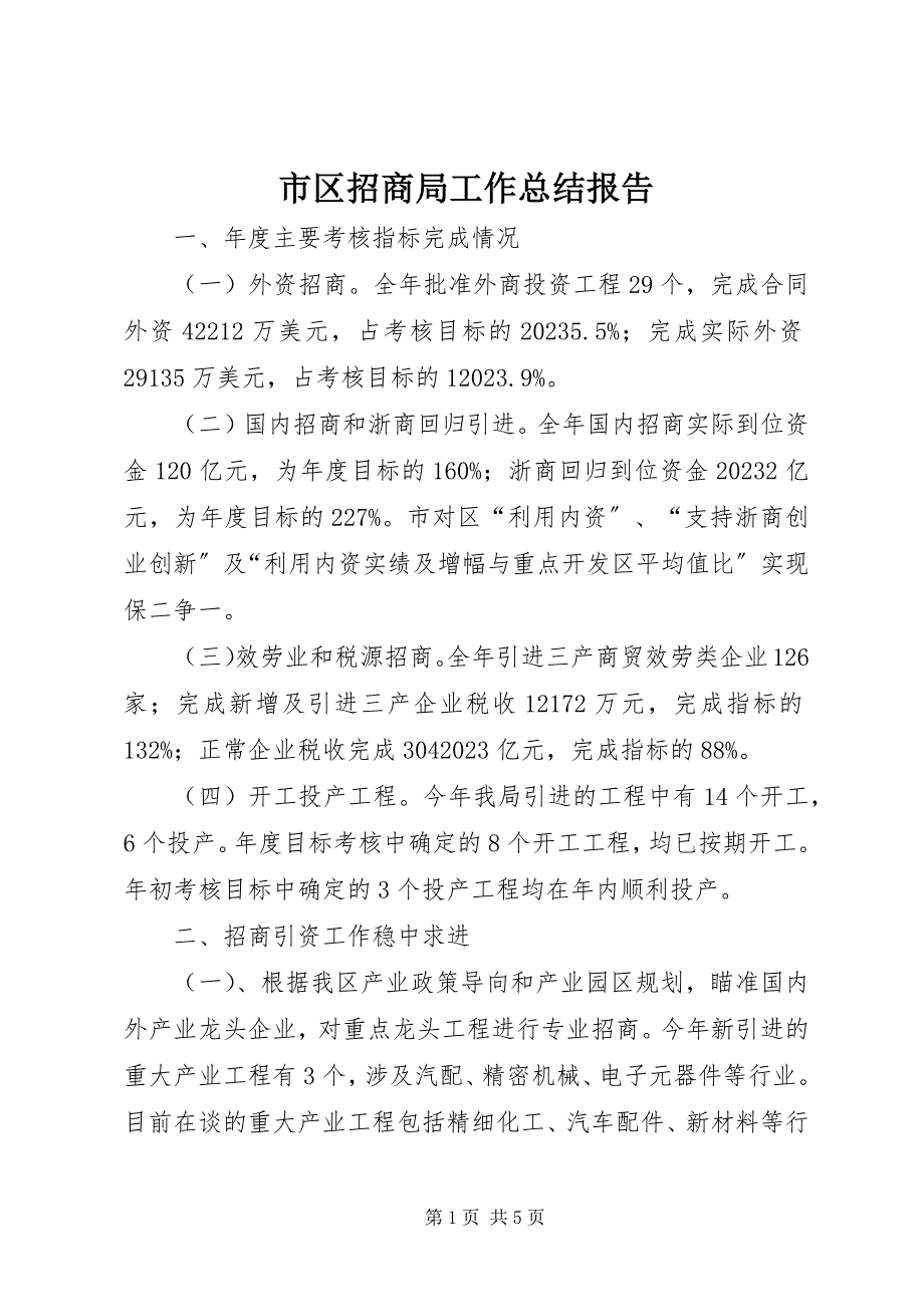 2023年市区招商局工作总结报告.docx_第1页