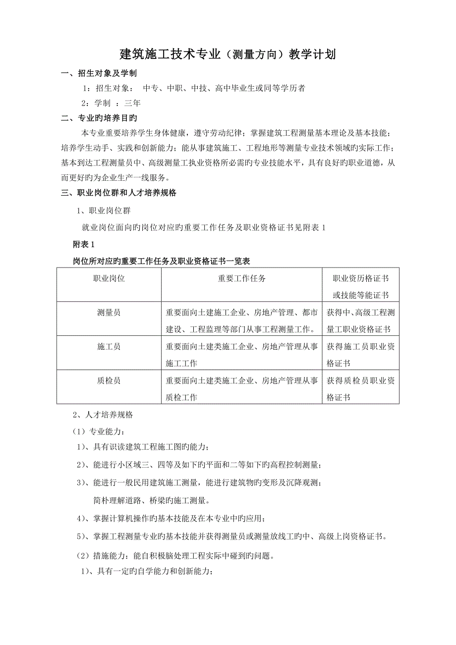 建筑施工技术专业测量方向教学计划_第1页