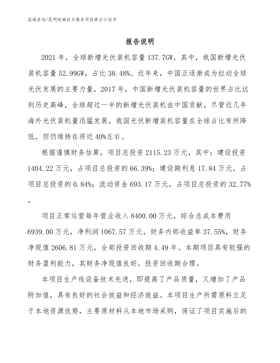 昆明纯碱技术服务项目商业计划书_参考范文_第2页