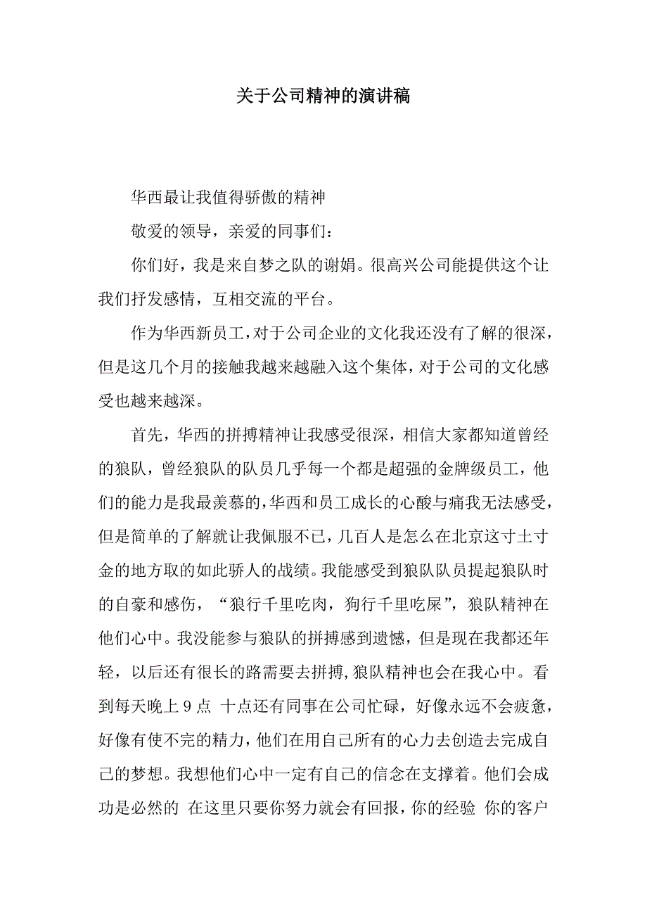 关于公司精神的演讲稿.docx_第1页