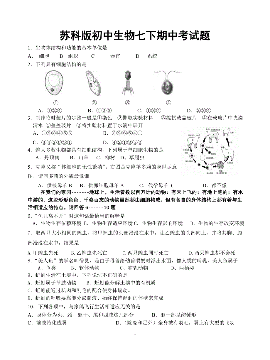 苏科版初中生物七下期中考试.doc_第1页
