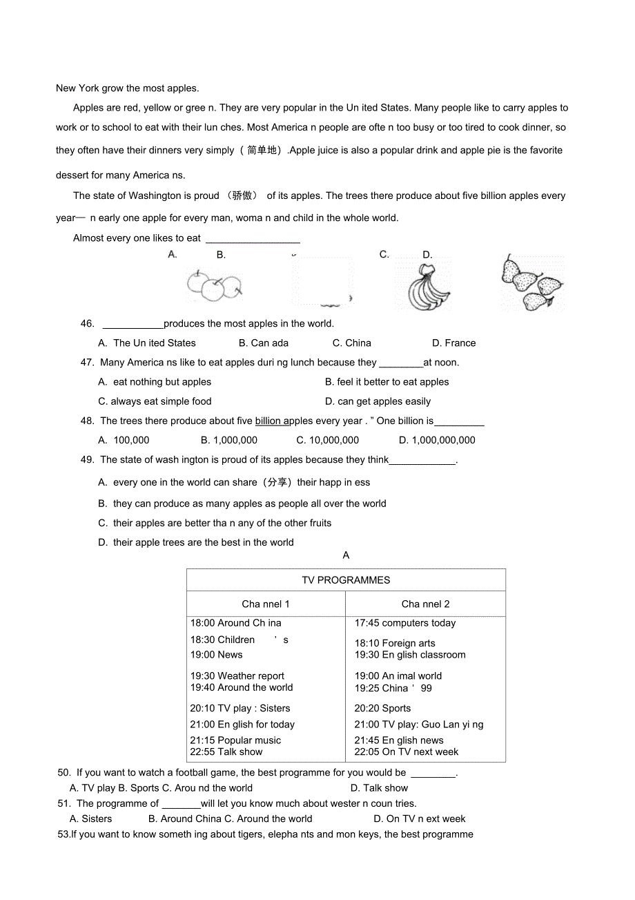 八年级英语阅读短文完形填空各十篇(附带答案)_第4页